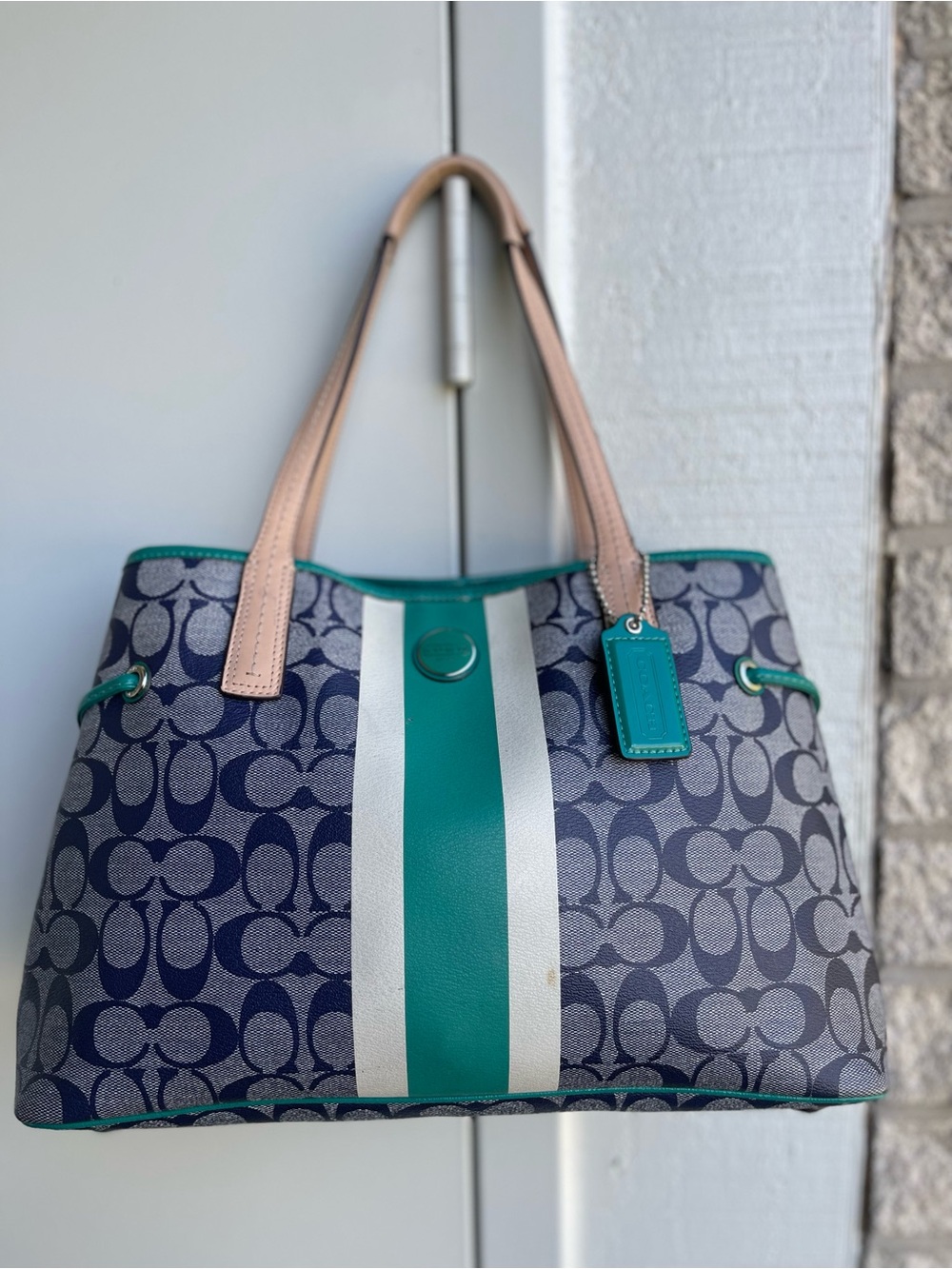 Coach Navy Signature stripe drawstring Canvas Tote with Teal and Cream Stripe